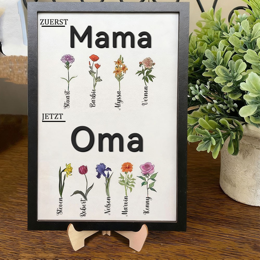 Personalisierter Bilderrahmen mit Geburtsblumen und Namen – „Erst Mama, jetzt Oma“ – Perfektes Geschenk für Mama und Oma – Muttertagsgeschenkideen