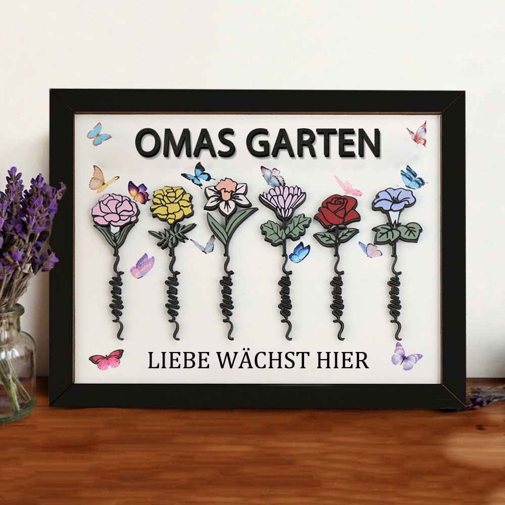 Personalisiertes Oma-Garten-Schild „Hier wächst die Liebe“ mit Geburtsblumen und Namen – Geschenke für Mama, Oma, Muttertagsgeschenkideen