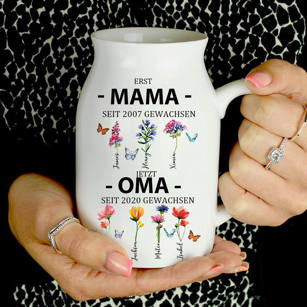 Benutzerdefinierter Kunstdruck „Erste Mama, jetzt Oma“, Geburtsmonat, Blumenvase mit Kindernamen, einzigartiges Geschenk für Mama, Oma, Muttertagsgeschenkideen