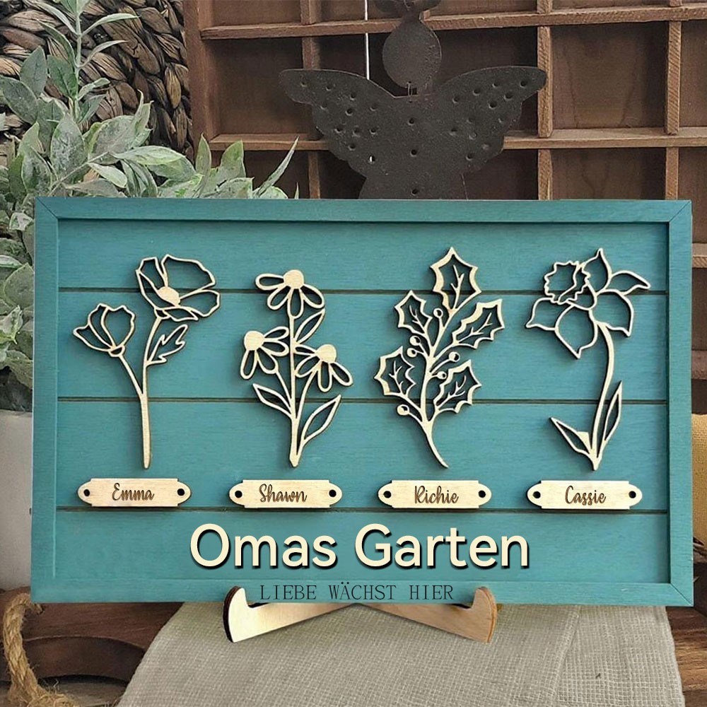Personalisierter Bilderrahmen „Omas Garten“ mit Geburtsblumen und Namen – Einzigartiges Aquarell-Schild als Geschenk für Mama und Oma zum Muttertag