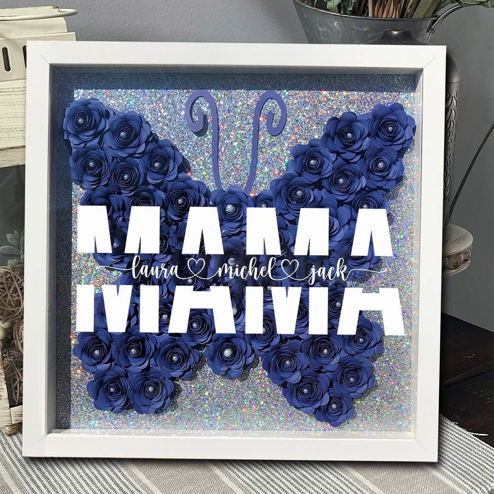 Personalisierter Kunstdruck für Mama, Schmetterlingsförmige Blumen-Schatten-Holzbox mit Kindernamen, perfektes Geschenk für Mama, Oma, Muttertagsgeschenk