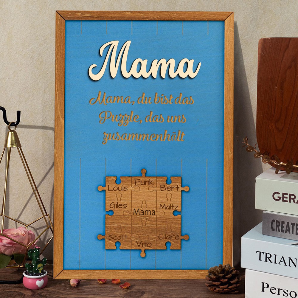 Personalisiertes Holzpuzzle „Mama, du bist das Stück, das uns zusammenbringt“ mit dem Namenslogo des Kindes, einzigartiges Andenkengeschenk für Mama, Oma und Muttertagsgeschenk