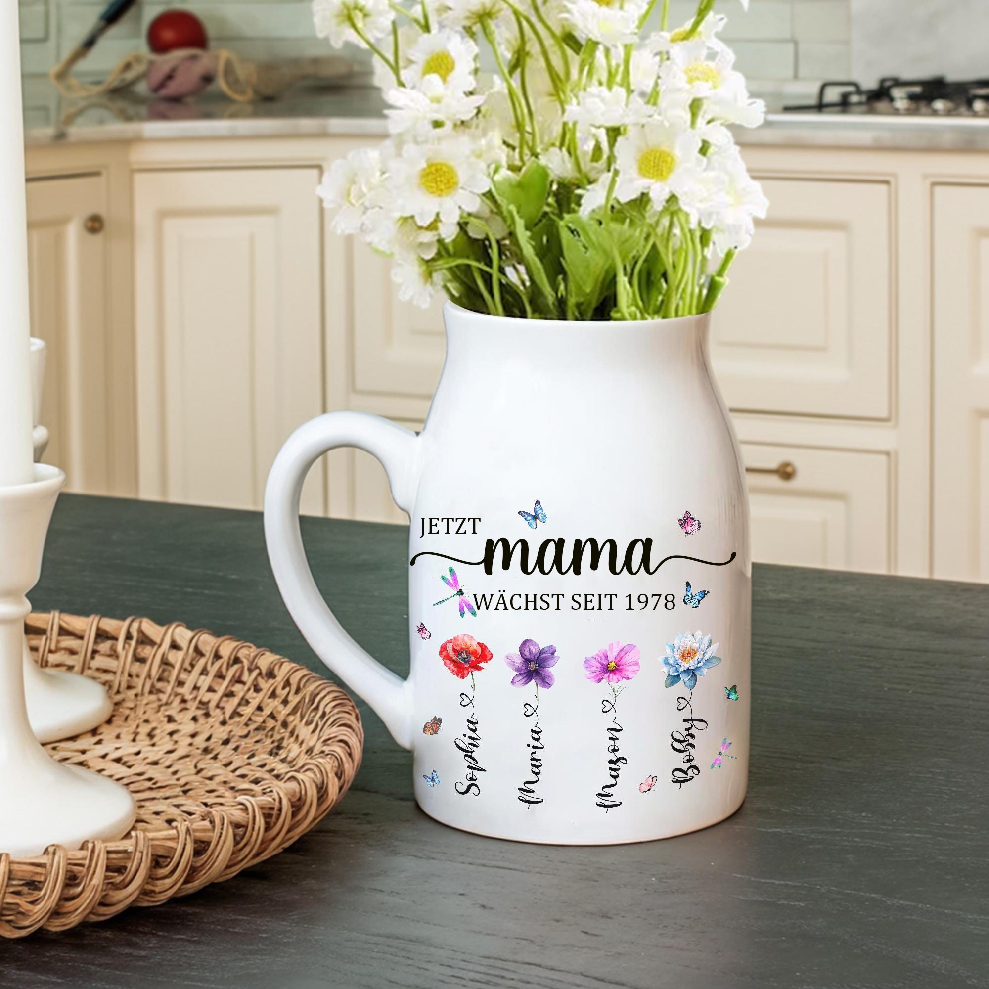 Personalisierte Erste Mama Jetzt Oma Vase mit Geburtsblumen und Namen der Enkelkinder – einzigartiges Familiengeschenk für Mama, Oma, Muttertag-Ideen