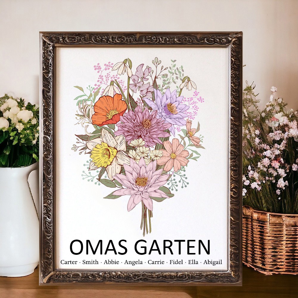 Personalisiertes Blumenstrauß-Bild „Omas Garten“ mit Geburtsblumen – Einzigartige Geschenke für Mama und Oma, Weihnachtsgeschenke