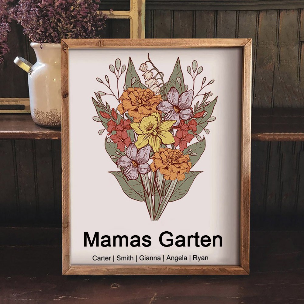 Personalisiertes Holzschild mit Blumenstrauß-Druckrahmen für den Geburtsmonat von Müttern im Garten mit den Namen der Kinder. Einzigartige Geburtstagsgeschenke für Mama, Oma, Mama, Schwangerschaftsgeschenk, Muttertagsgeschenkideen