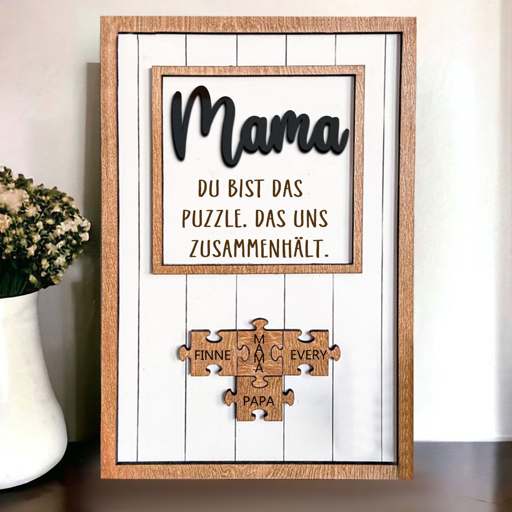 Personalisiertes Holzpuzzle „Mama, Du bist das Stück, das uns zusammenbringt“, Namensschild, Familienandenken, einzigartiges Muttertagsgeschenk für Mama, Oma