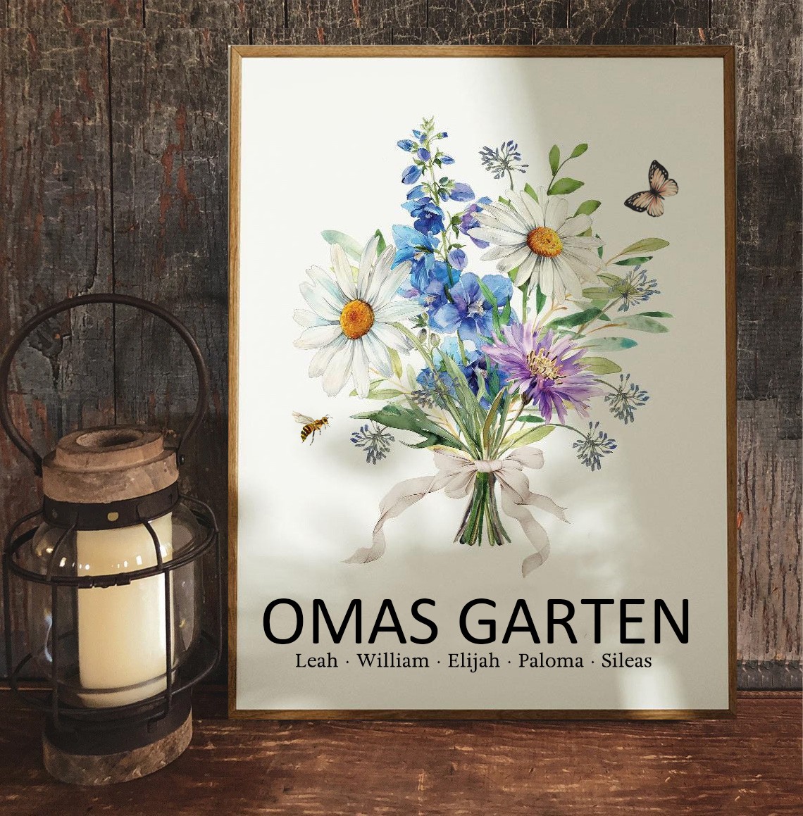 Personalisiertes Bilderrahmen-Schild „Omas Garten“ mit Geburtsblumenstrauß und Namen – Erinnerungsgeschenk für Oma und Mama – Weihnachtsgeschenkideen