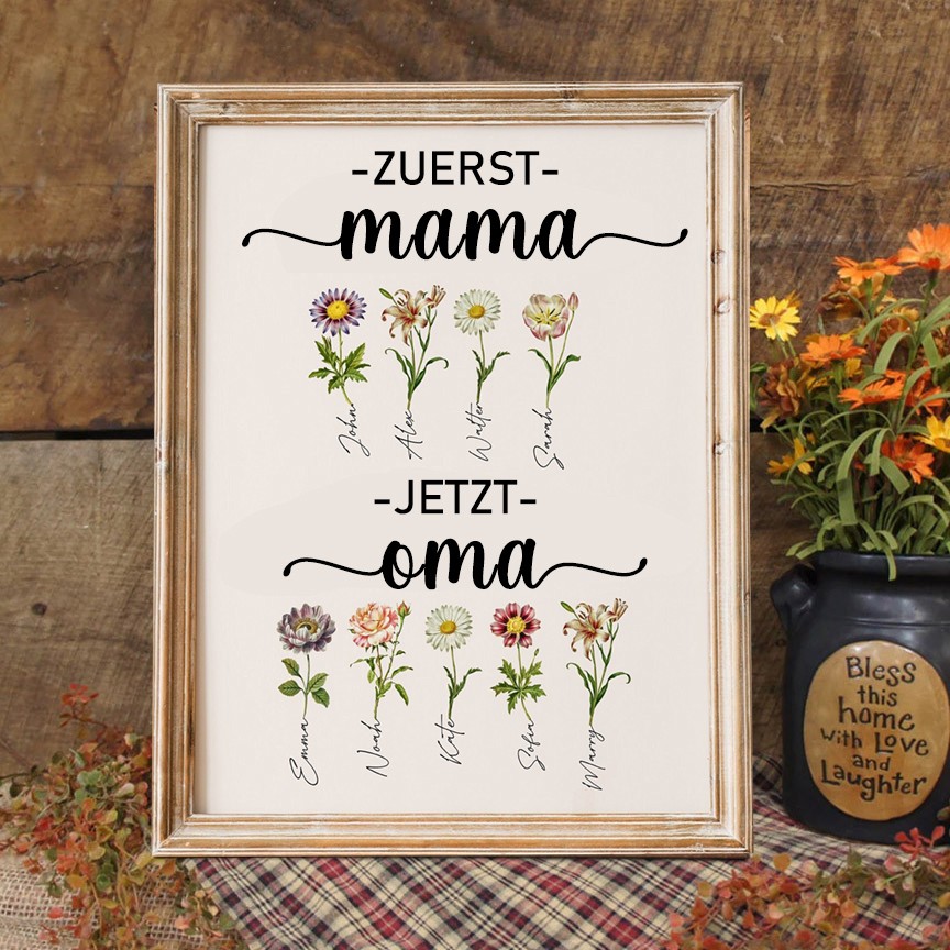 Zuerst Mama, jetzt Oma – personalisierter Bilderrahmen mit Geburtsmonatsblumen – Einzigartiges Geschenk für Mama und Oma, Weihnachtsgeschenk
