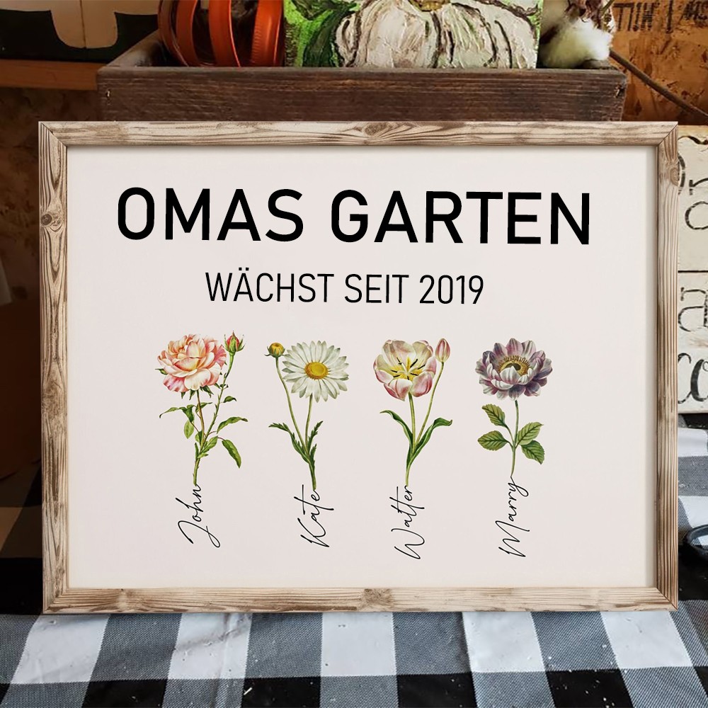 Personalisierter Bilderrahmen „Omas Garten“ mit Geburtsblumen und den Namen der Kinder – Ein Geschenk für Mama und Oma zu Weihnachten