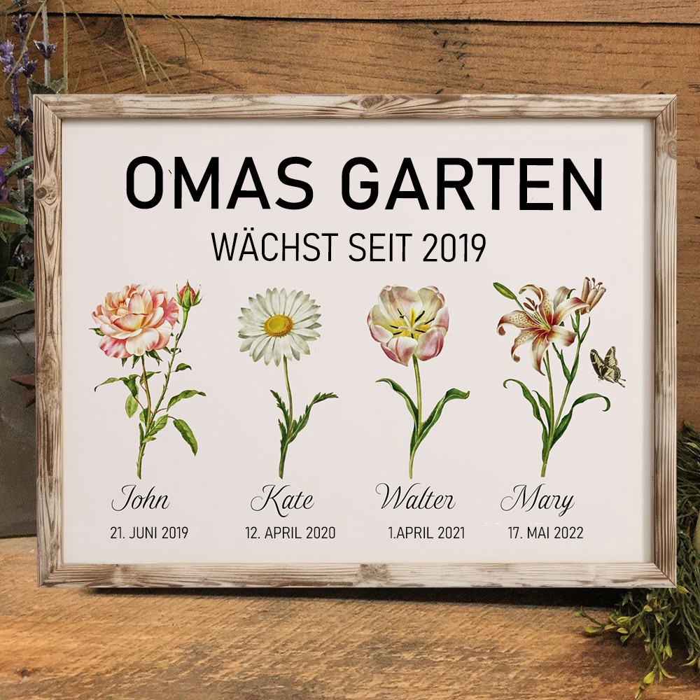Personalisiertes Fotorahmen „Omas Garten – Blüht seit 2019“ mit Geburtsblumen und Datum – Geschenk für Mama und Oma – Weihnachtsgeschenk