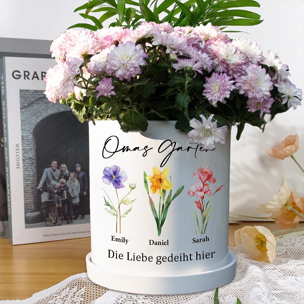 Personalisierter Omas Garten-Blumentopf, Geburtsmonat, Blumendruck, Mini-Blumentopf mit Kindernamen, einzigartiges Geschenk für Mama, Geburtstagsgeschenk, Muttertagsgeschenk, Schwangerschaftsgeschenk