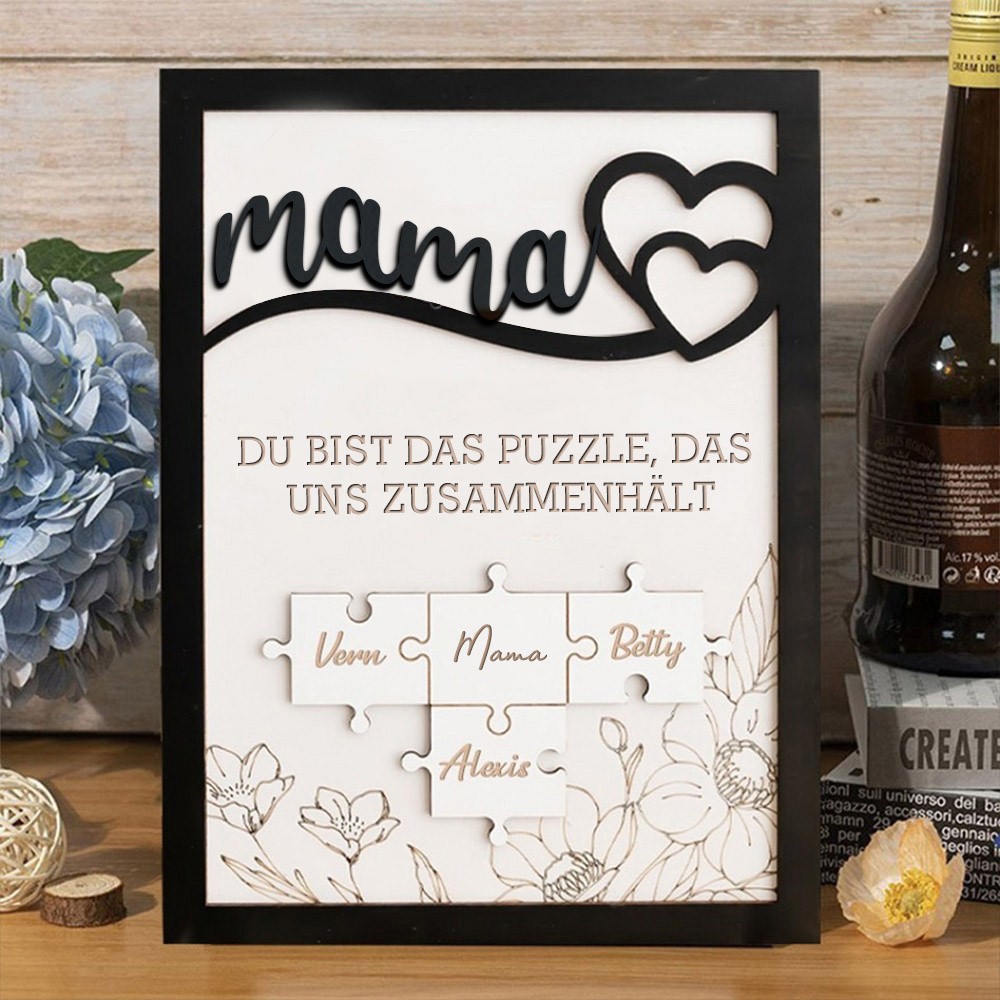 Personalisiertes handgemachtes Rahmenschild aus Holz-Puzzleteilen für Mütter mit Kindernamen, einzigartiges Familiengeschenk für Mama, Oma, Geschenkideen zum Muttertag