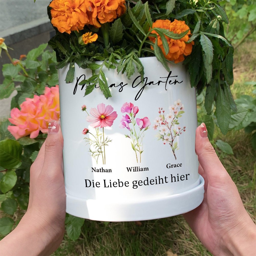 Personalisierter Mamas Garten-Pflanztopf, Geburtsmonat, Blumentopf mit Kindernamen, einzigartiges Geschenk für Mama, Geburtstagsgeschenk zum Muttertag