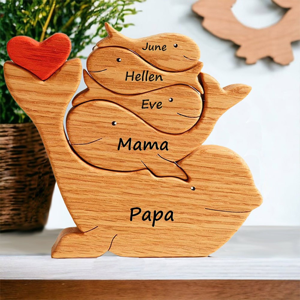 Personalisierbares Holzpuzzle mit Walfamilie und gravierten Namen – Familien-Andenken und Weihnachtsgeschenke