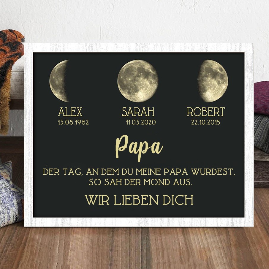 Personalisierter Kunstdruck, Familienschild aus Holz mit Mondphasenrahmen und Kindernamen, einzigartige Familiengeschenke, Vatertagsgeschenkideen