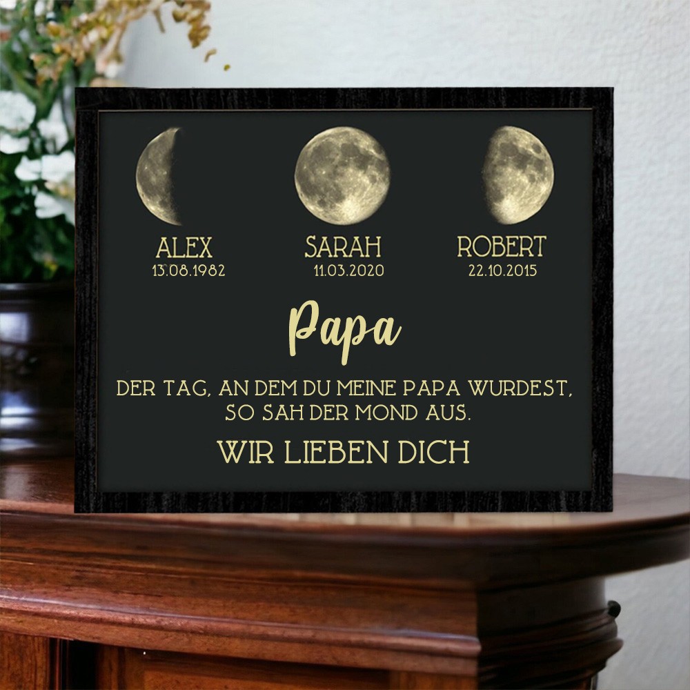 Personalisierter Kunstdruck Papa Holz Familienschild mit Mondphasenrahmen und Kindernamen Einzigartige Familiengeschenke für Papa Opa Vatertag Geschenkideen