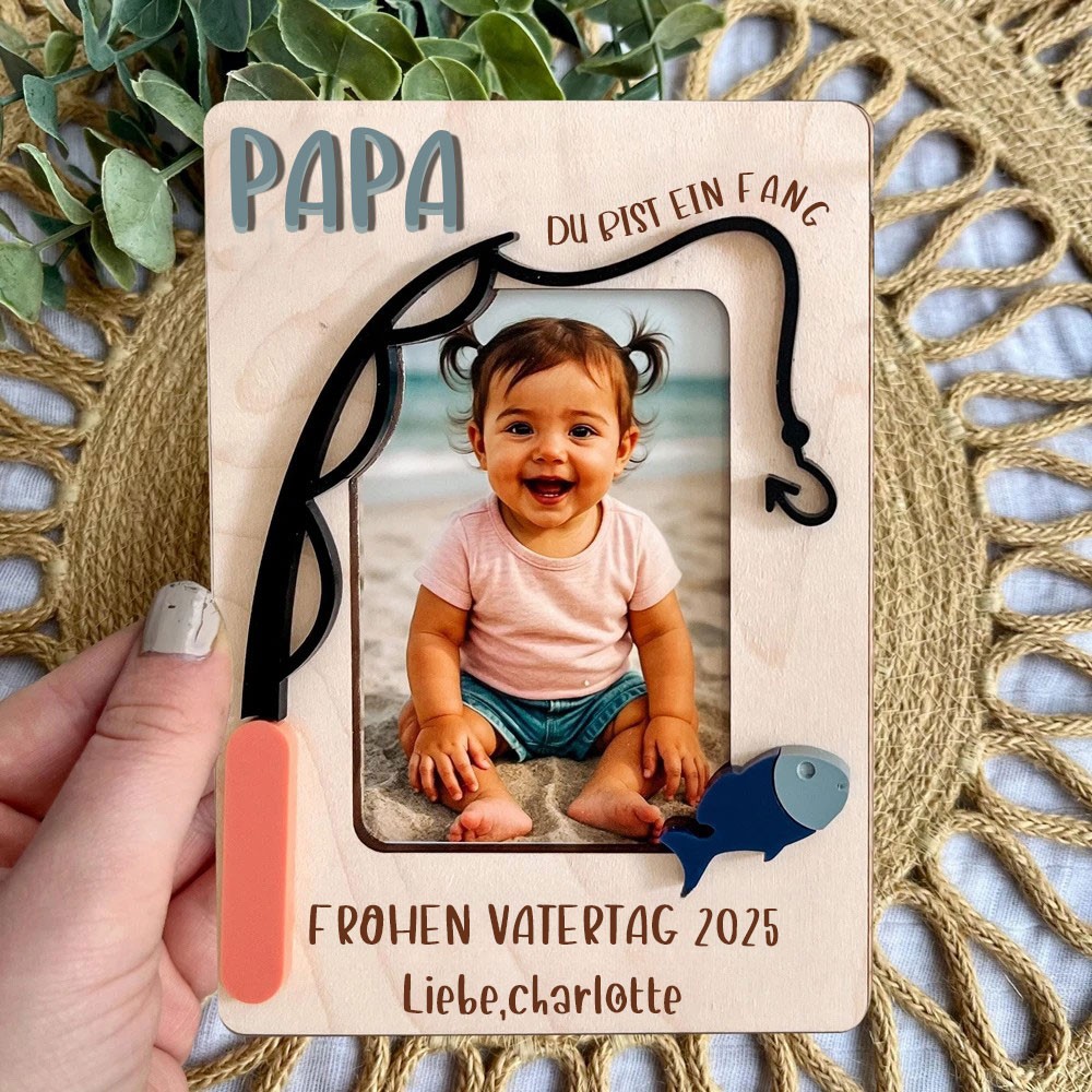Personalisierter Kühlschrankmagnet aus Holz mit Angelmotiv, individueller Bilderrahmenmagnet, einzigartiges Geschenk für Papa, Opa, Vatertag, Geschenkideen