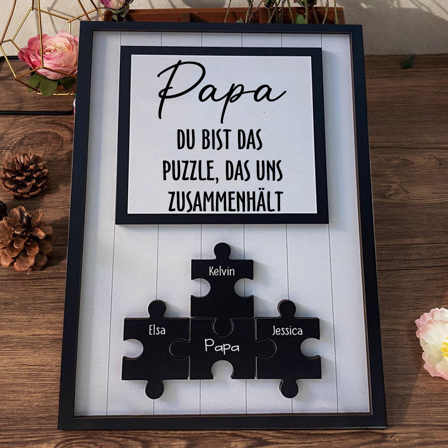 Personalisiertes Papa-Schild, Holz-Puzzleteile, Rahmenschild mit Kindernamen, individuelles Familiengeschenk für Papa, Opa, einzigartige Geschenkideen zum Vatertag