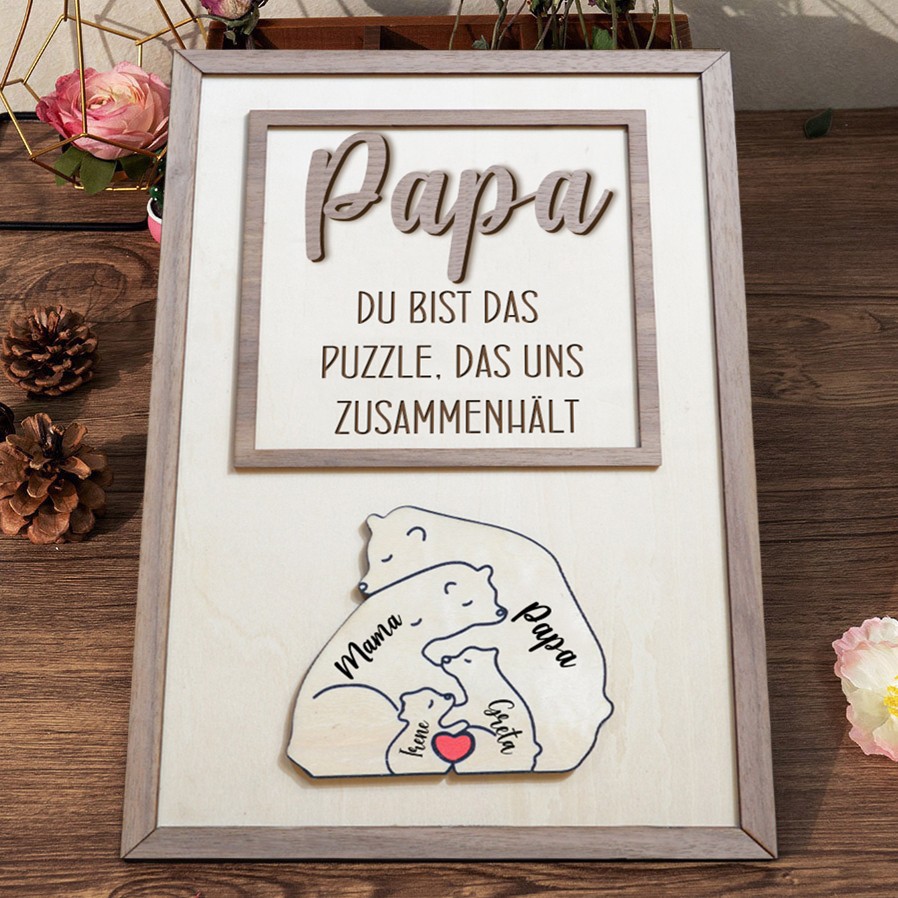 Personalisiertes Papa-Schild, Holzschild mit Umarmungsbär, Puzzleteile, Rahmenschild mit Kindernamen, personalisiertes Familiengeschenk für Papa, Opa, einzigartige Geschenkideen zum Vatertag