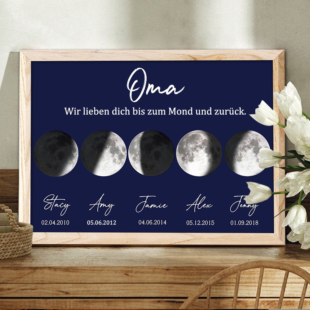 „Mama, wir lieben dich bis zum Mond und zurück“, personalisiertes Familienschild mit Mondphasen-Druck, Holzrahmen, einzigartige Geburtstagsgeschenke für Mama und Oma, perfekte Muttertagsgeschenke, Schwangerschaftsgeschenkideen für Mama