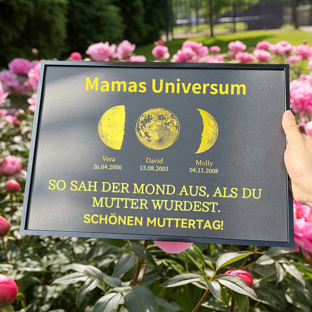 Personalisiertes Holz-Kunstdruck-Mondphasen-Rahmenschild mit Kindernamen, individuelles Familiengeschenk für Mama, Oma, einzigartige Muttertagsgeschenke
