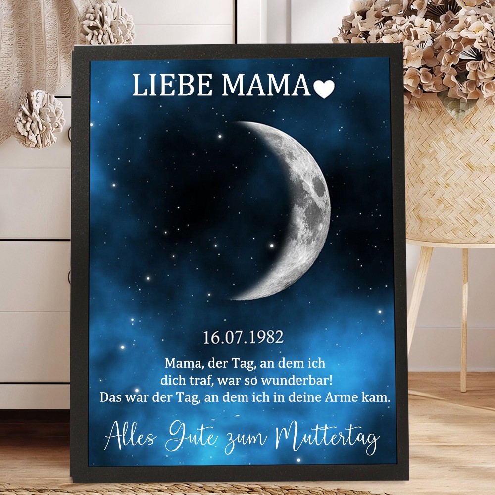 Personalisierte Liebesmama Kunst Mondphasen-Druck Holzfoto-Rahmen Schild mit Datum Einzigartiges Geburtstagsgeschenk für Mama, Oma, Babyshower-Geschenk für neue Mama, Ideen für den Muttertag