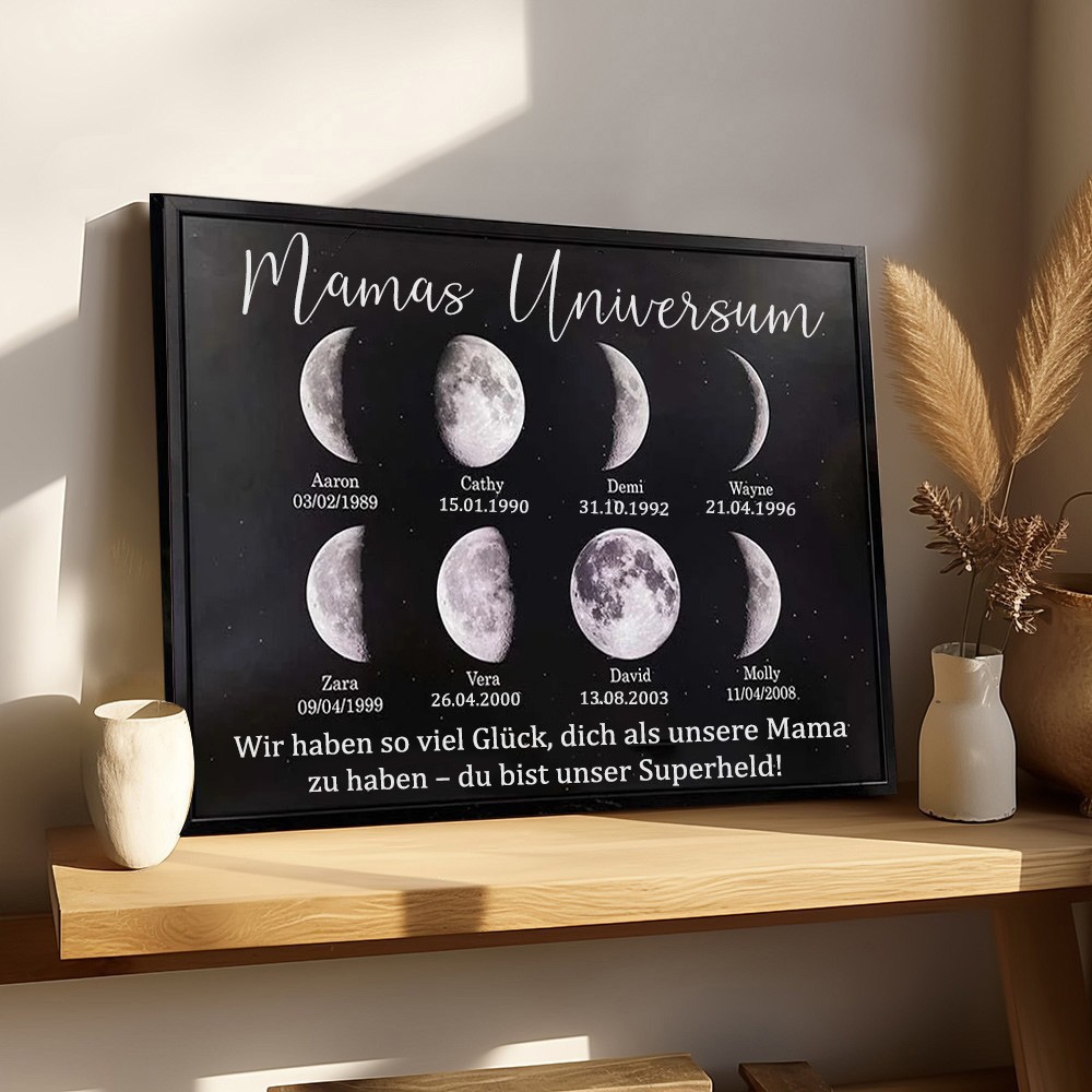 Personalisierter Mama's Universum Holz-Mondphasen-Druckrahmen-Schild mit Kindernamen und Daten, einzigartiges Familienkunstgeschenk für Mama, Oma, Geburtstagsgeschenk für neue Mama, Ideen für den Muttertag