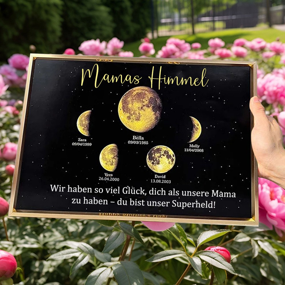Personalisierte Mama's Himmel Holz Familienkunst Mondphasen-Druckrahmen Schild mit Kindernamen und Daten, einzigartiges Geburtstagsgeschenk für Mama, Oma, Ideen für den Muttertag, Geschenk für Mama während der Schwangerschaft