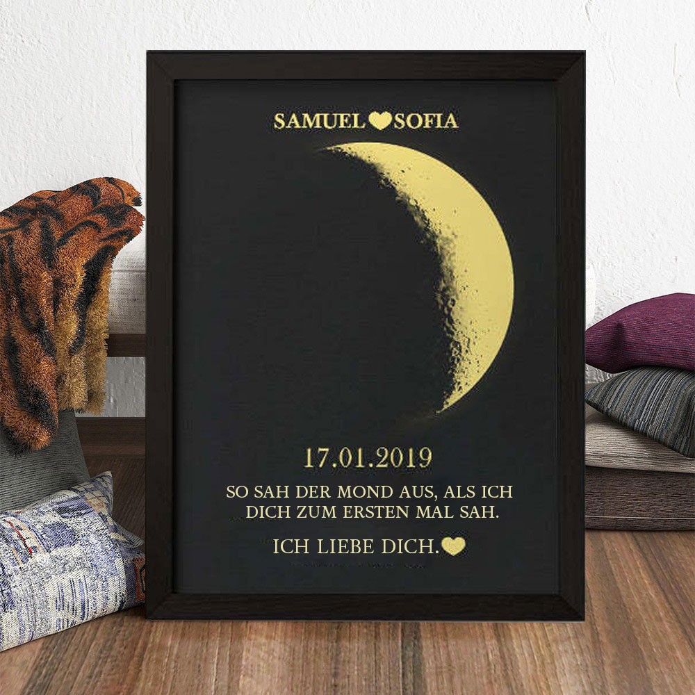 Personalisierter Fotorahmen aus Holz mit Mondphasendruck, Datumsschild mit Namen, einzigartiges Geburtstagsgeschenk für die Freundin, Jahrestagsgeschenke, Geschenkideen zum Valentinstag