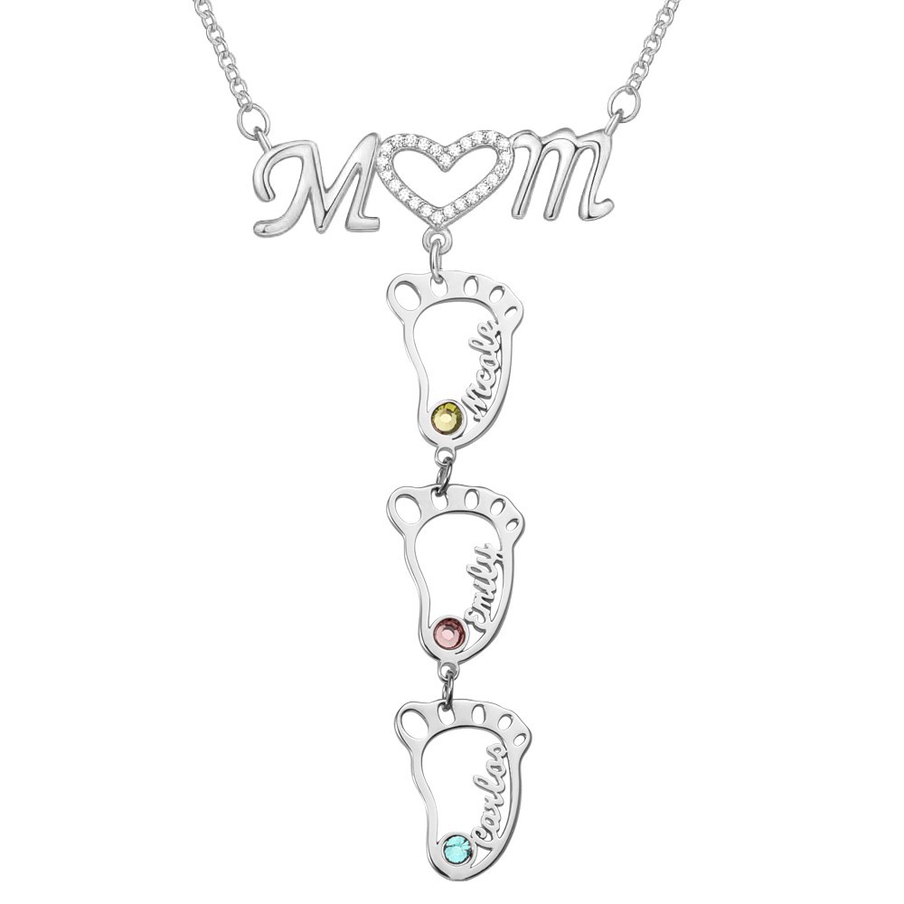 Personalisierte gravierte Name Baby Füße Anhänger Mama Familie Birthstone Halskette Muttertag Geschenk-Ideen
