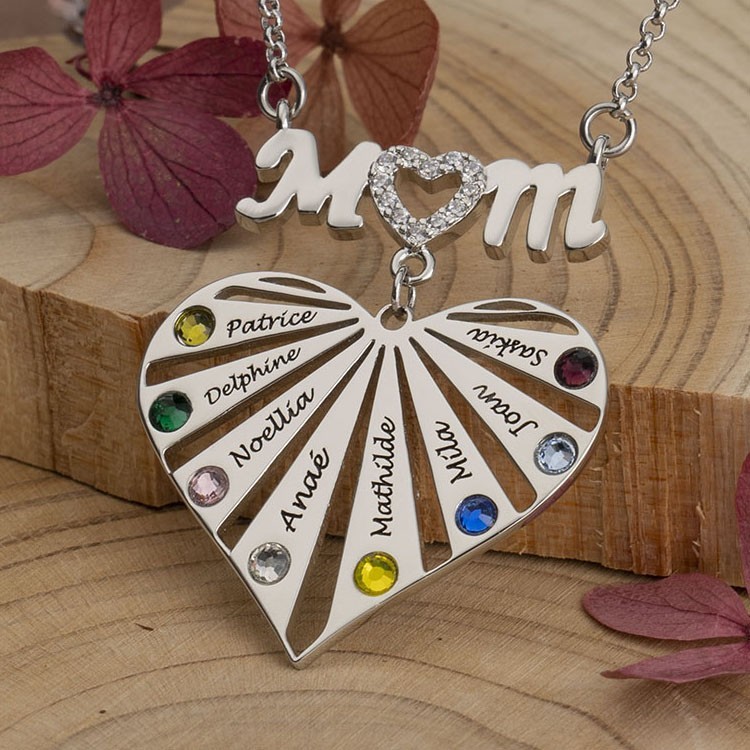 Personalisierte herzförmige Namenskette für Mama mit Geburtssteinen. Einzigartiges Geschenk für Mama. Geburtstagsgeschenkideen.
