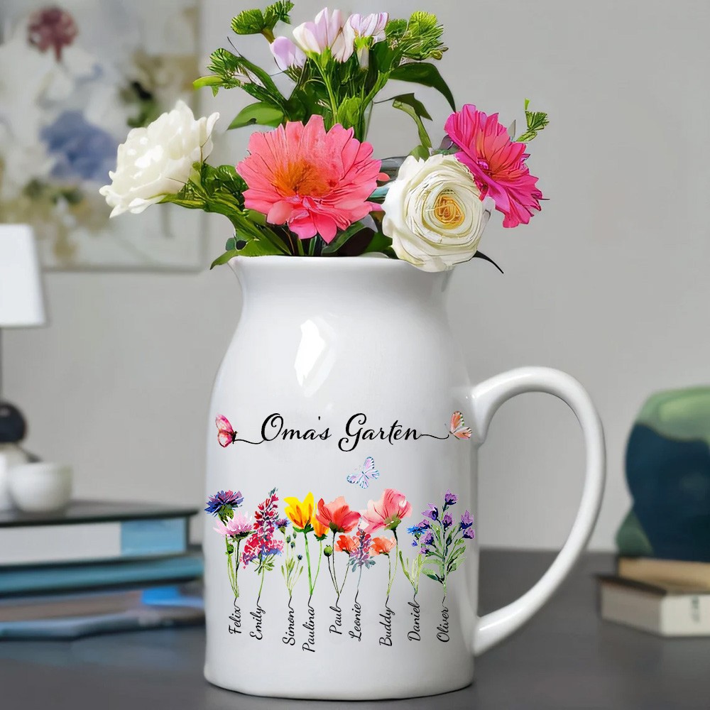 Personalisierte Vase „Omas Garten“ mit Geburtsblumen und Namen der Enkelkinder – einzigartiges Familiengeschenk für Mama, Oma, Muttertagsgeschenkideen