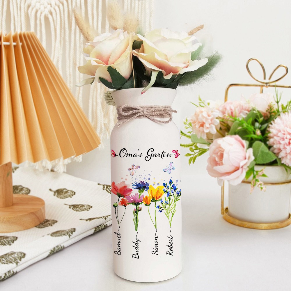 Personalisierter Kunstdruck „Omas Garten“, Geburtsblumenvase mit den Namen der Enkelkinder, einzigartiges Familiengeschenk für den Innenbereich, für Mama, Oma, Muttertagsgeschenke