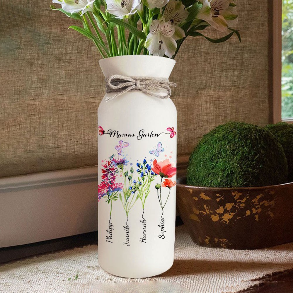 Personalisierter Kunstdruck „Mamas Garten“ – Geburtsblumenvase mit Kindernamen – Einzigartiges Familienandenken – Geschenke für Mama – Geburtstagsgeschenk für Oma – Muttertagsgeschenke