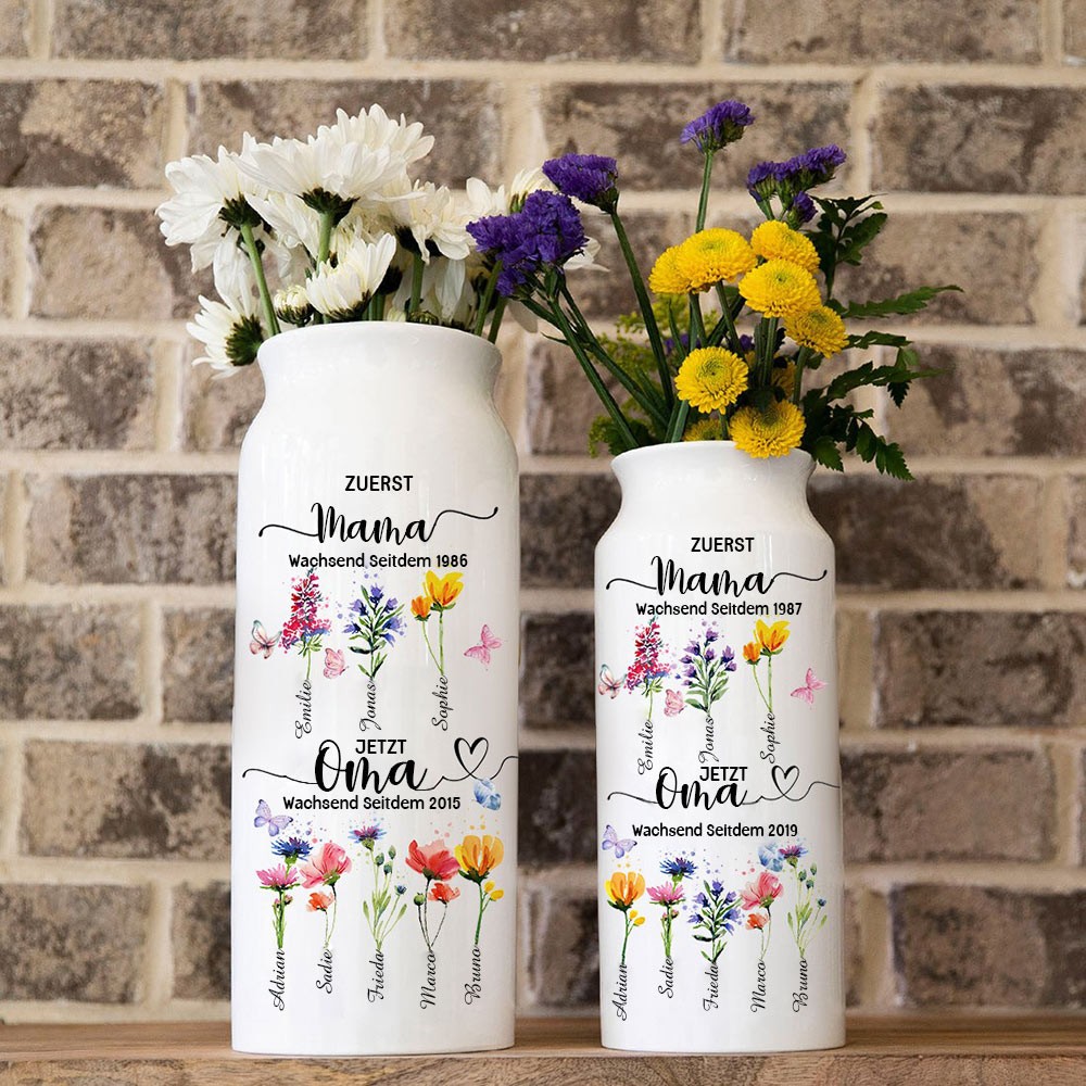 Personalisierte Kunstdruckvase „Erste Mama, jetzt Oma“ mit Geburtsblumen und Kindernamen. Das ideale Geschenk für Mama, Oma, einzigartige Familiengeschenke zum Muttertag