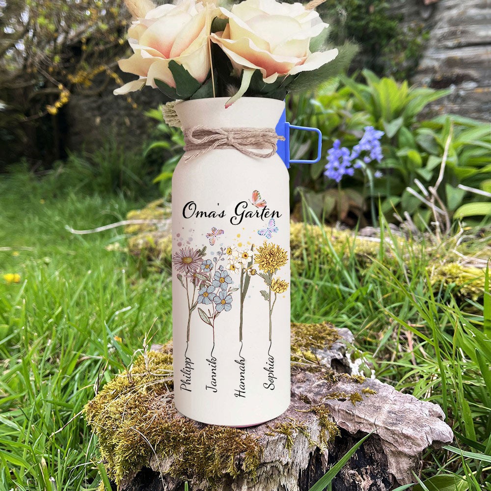 Personalisierter Omas Garten-Kunstdruck, Geburtsblumen-Familienvase mit den Namen der Enkelkinder, einzigartiges Andenkengeschenk für Mama, Oma, Geburtstagsgeschenk, Muttertagsgeschenkideen