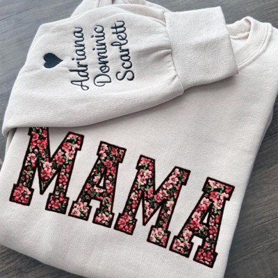 Benutzerdefiniertes, floral besticktes Mama-Sweatshirt mit Rundhalsausschnitt und Kindernamen, Geburtstagsgeschenk für Mama, Oma, einzigartige Geschenkidee zum Muttertag