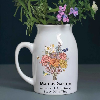 Personalisierter Kunstdruck „Mamas Garten“, Blumenstrauß zur Geburt, Familienvase mit den Namen der Kinder, personalisiertes Geschenk für Oma, Mama, Geschenkideen zum Muttertag