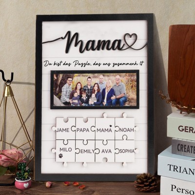 Personalisiertes Familienfoto-Holzpuzzle-Teile-Schildrahmen mit Kindernamen, einzigartiges Geschenk für Mama, Oma, Muttertagsgeschenk