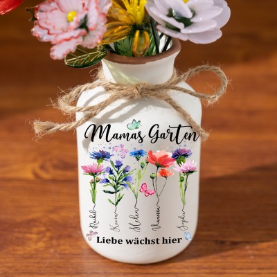 Personalisierte Blumenvase für den Geburtsmonat Ihrer Mutter mit den Namen Ihrer Kinder. Geschenke für Ihre Mutter. Einzigartige Geschenkideen zum Muttertag.