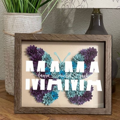 Individueller Kunstdruck in Schmetterlingsform, Blumenschatten, Holzbox mit Kindernamen, Familiengeschenk, Geschenk für Mutter, Oma, einzigartige Geschenkideen zum Muttertag