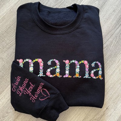 Personalisiertes besticktes Sweatshirt mit Blumenmotiv für Mama, mit den Namen der Kinder – ein einzigartiges Familiengeschenk für Mutter und Großmutter, ideal als Weihnachtsgeschenk.