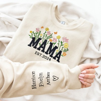 Personalisierter Mama-gestickter Sweatshirt-Hoodie mit Namen auf dem Ärmel, Muttertagsgeschenk