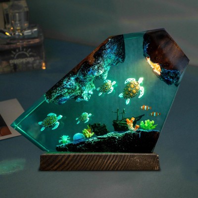 Schildkröten und Korallen Epoxidharz Holzlampe Einzigartiges Nachtlicht Geschenk für Paare Geburtstagsgeschenke für Freunde Besondere Familien-Nachttisch-Geschenkideen