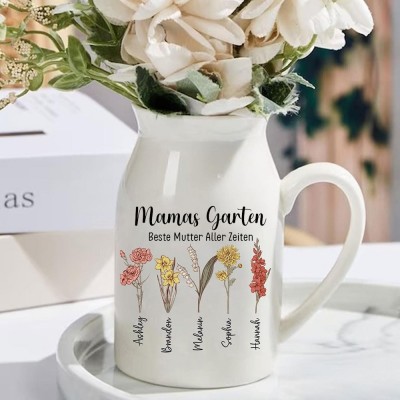 Personalisierte Geburtsblumenvase mit Aquarelldruck für Mütter, Garten, mit Kindernamen, einzigartiges Geburtstagsgeschenk für Mama, Oma, Muttertagsgeschenkideen, Babyparty-Geschenk