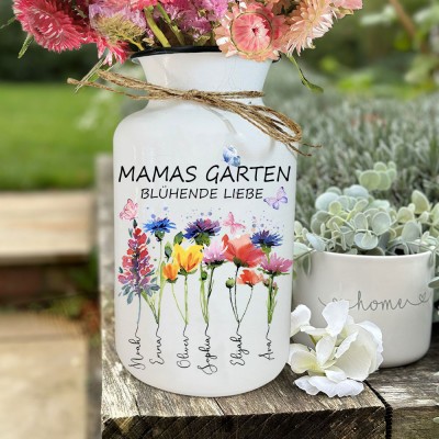 Personalisierter Aquarell-Kunstdruck, Geburtsblumenvase aus Mamas Garten mit den Namen der Kinder, einzigartige Familiengeschenke für den Innenbereich für Mama, Oma, Muttertagsgeschenke
