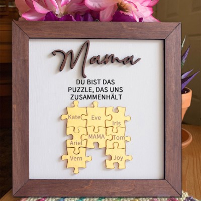 Personalisiertes Puzzleteil-Schild aus Holz „Mama, du bist das Teil, das uns zusammenhält“ mit dem Namen des Kindes, einzigartige Erinnerungsgeschenke für die Familie für Mama, Oma, Geschenkideen zum Muttertag