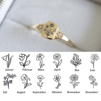 Personalisierter Verlobungsring mit Geburtsblumenstrauß für Frauen, Gravur, 925 Sterling Silber, Statement-Blumenring, einzigartiges Geschenk für Mama, Oma, Muttertagsgeschenk, Geburtstagsgeschenk