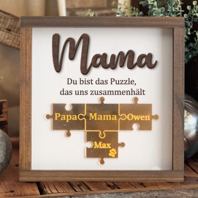 Personalisierter Familien-Puzzle-Kartenrahmen aus Holz mit dem Namen des Kindes, einzigartiges Geschenk für Mama, Oma, Geschenkidee zum Muttertag, Schwangerschaftsgeschenk für Mama