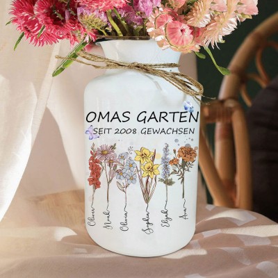 Personalisierter Kunstdruck „Omas Garten“, Geburtsblumenvase mit den Namen der Enkelkinder, einzigartiges Familienandenken, Geschenk für Mama, Oma, Muttertag, Geschenkideen